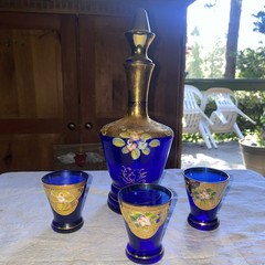 VTG Czech Bohemian Cobalt Blue & Gold Enamel Flowers Decanter & Cordial 3 Cups