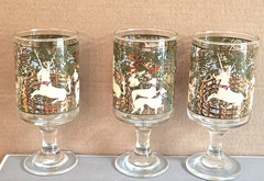 Vtg Mcm CERA Enchanted Forest Hunt of the Unicorn 3 Glasses Stemware Gold MINT