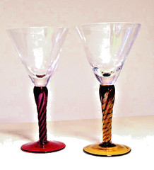 Set of TWO Handblown Apertif Clear Cordial Glass with Amber & Red Twisted Stems