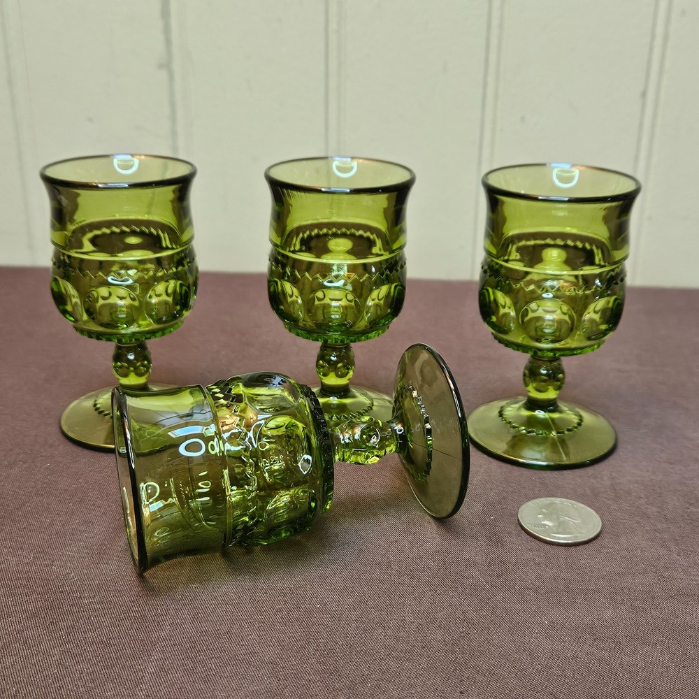 4 Indiana Glass Stemmed 2 Oz Shot Glasses 3.5” Avocado Green Kings Crown Thumb