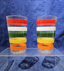 Pair of 2 Vtg. Anchor Hocking Fiesta Bands Rainbow Stripe Glasses Tumblers MCM