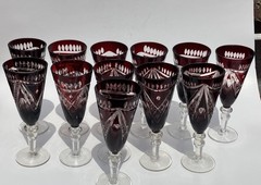 Set of 12 Bohemian Crystal Ruby Red Cut to Clear Wine Stemware Goblets 7-inch