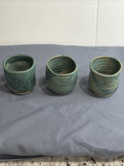 VTG Studio Pottery Sake 4 Piece Set Teal Drip Glaze Tokkuri 3 Cups Boho Barware