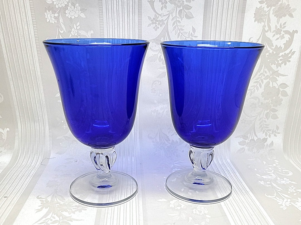 Cristal d’Arques Cobalt Blue Footed Goblet Twisted Stem 6.5″ France Glass