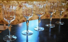 Vintage WESTON Set 5 WATER WINE GOBLET GLASSES Hand Etched OPTIC PANEL 7.5″