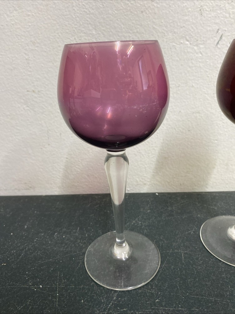 Cranberry pink glass vintage Victorian antique prism stem wine glass goblet 19cm