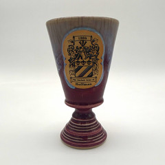 Pottery Goblet Cup 6in Glossy Blue Brown Ancient Arms of Hoffman Coat of Arms