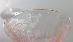 4 Tiffin Franciscan Flanders Pink Etched Tall Champagne Glasses 1920s 6.25″T