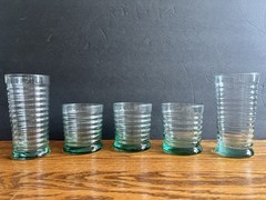 Set of 5 Libbey Sirrus Spanish Green Ribbed Glasses Tumblers Cups