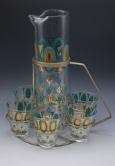 FRED PRESS MID CENTURY 22K GOLD TURQUOISE COCKTAIL CADDY SET ORIG HOLDER 8 PCS