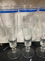 Retro Style Glasses 2 Blue Bands & Footed Base 8″ Tall Pilsner Barware Set of 4