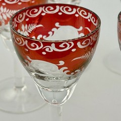 Bohemian Ruby-Flashed Etched Floral Cordial Glasses Set/6 4⅛″ 1900s–20s Antique
