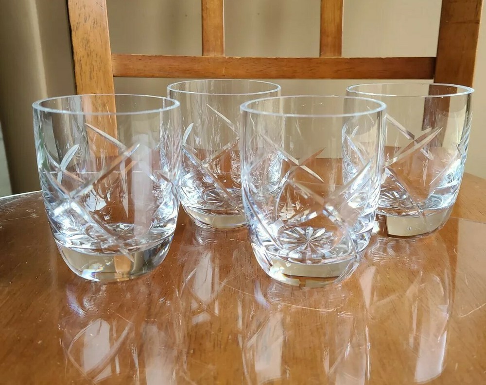 Vtg 4 Stunning Heavy Cut Crystal Low Ball Whiskey Rocks Glass Swirl Cross Star