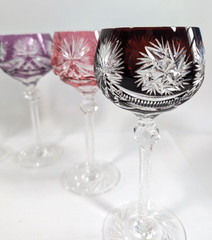 Set of 6 – Bohemian Overlay Cut-to-Clear Crystal Wine Goblets Jewel Tones