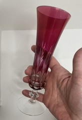 Vtg. Cranberry Cut to Clear Fluted Champagne Glass 7.5” Bud Vase Etched Italy