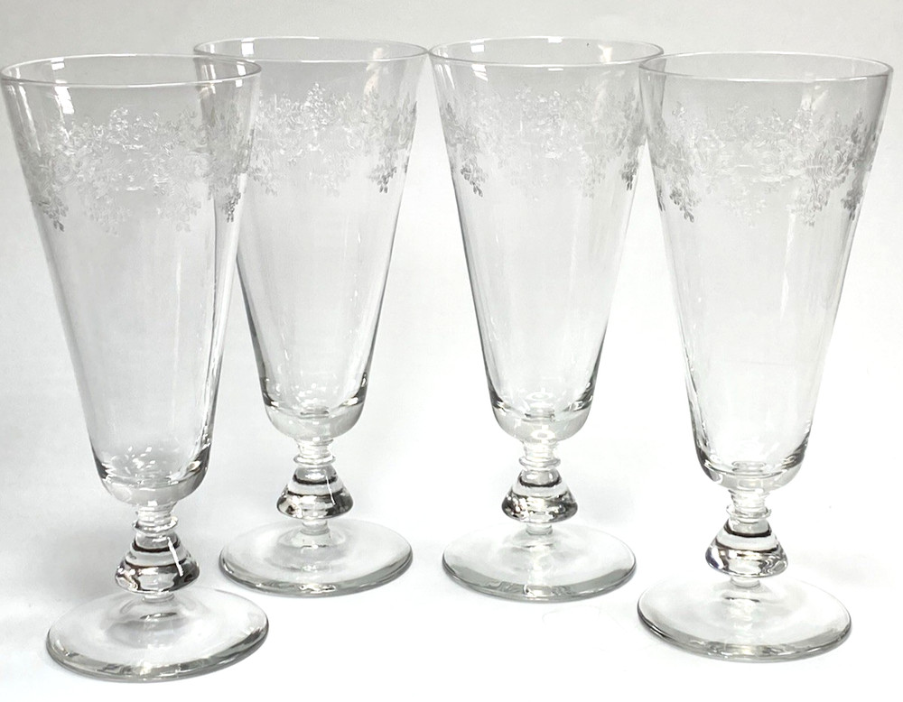 Vtg Bryce 896-5 Hand Blown Etched Pilsner Glasses Set Of Four 12oz Capacity