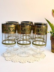 Vtg MCM Cera Glass Cora Water Goblets Grecian Gold 22K Green Grapes Set of 6