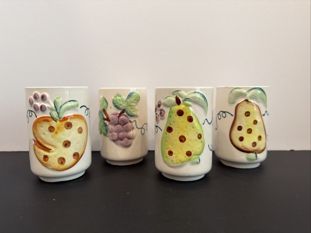 4 White Ceramic Juice Glasses Basket Design Pear Grape JAPAN 1970s