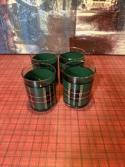 Vintage red green Plaid Tartan Set 4 glass old fashioned tumblers