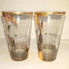 Set (2) Goebel Rosine Wachtmeister Cats German Drink Glasses Gold Gilt 2010 NIB!