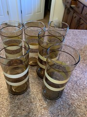 Six Vtg Amber/brown Beige& Brown Circles Band Libbey Tea /water Glasses