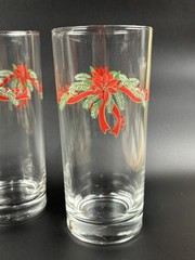 NOS 4 Holiday Poinsettia and Ribbons Glass Tumblers Anchor Hocking Flat bottom