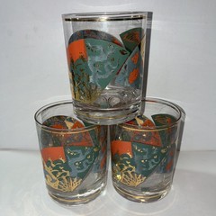 Set of 3 Gump’s, San Francisco Double Old Fashioned Glasses W/ Japanese Fans Koi