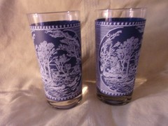 2 Blue & White Currier and Ives 5.5″ Tumblers Mid Century Farm Country Decor