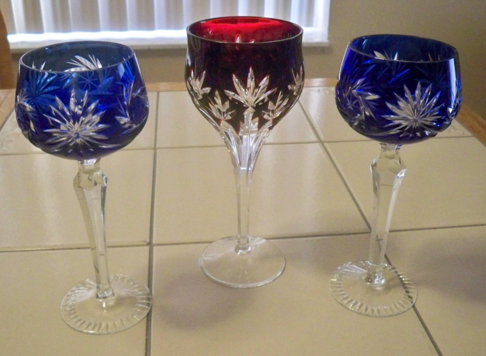 3 Cut to Clear Bohemian Crystal Wine Hock Glasses 2 Cobalt Blue & Ruby Red