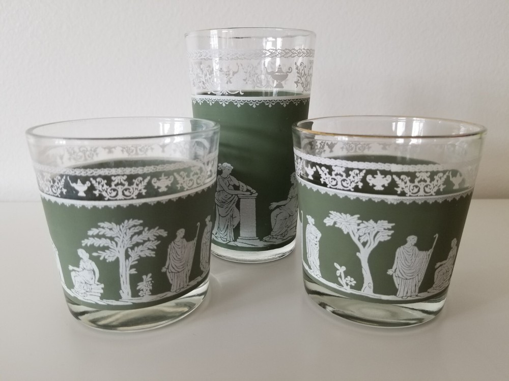 Vintage Lot of 3 Hellenic Jeanette Green Grecian 2 Juice Glasses & 1 Tumbler