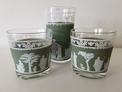 Vintage Lot of 3 Hellenic Jeanette Green Grecian 2 Juice Glasses & 1 Tumbler