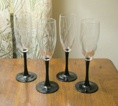 Vintage 1980’s Black Stem w/Clear Swirl Bowl CHAMPAGNE FLUTES Set of 4