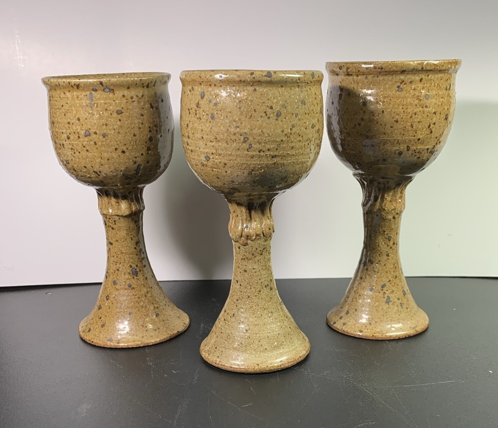 3 Handmade Studio Art Pottery Signed by Artist Wine Goblets 6 1/2″