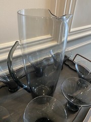 RARE Vintage Morgantown Normandie Smoke Glass Martini Pitcher & 8 Glass Set