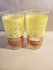 Vintage Floral Tumblers Yellow Rose Leaves Stem Brown Stripes MCM 1950s Set Of 2