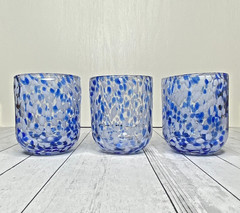 Blue White Confetti Hand Blown Lowball Tumbler Glasses Speckled Swirl Art Glass
