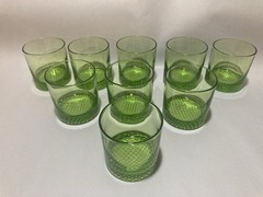 (9)Emerald Green Glass DOF Whiskey Rocks Tumblers Nubby Waffle Bottom