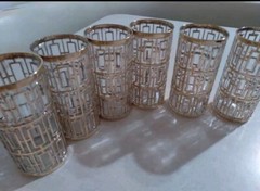 Vintage Mid Century Shoji Trellis Imperial Glass Gold Highball Tumblers Set (6)