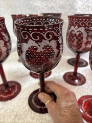 Antique Bohemian EGERMANN Cut to Clear Ruby Red Stemware Wine Glass Goblet Water