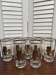 Set of 7 Vintage Culver MCM Highball Drinking Glasses Gilded 22K Gold Owls