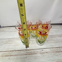 Set of 5 Vintage Juice Glasses, Red Yellow & Green Floral, Retro