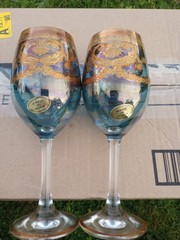 Murano Prezioni Italian Wine Glasses Blue/W 24k Hand Applied Accent Set Of 6 New