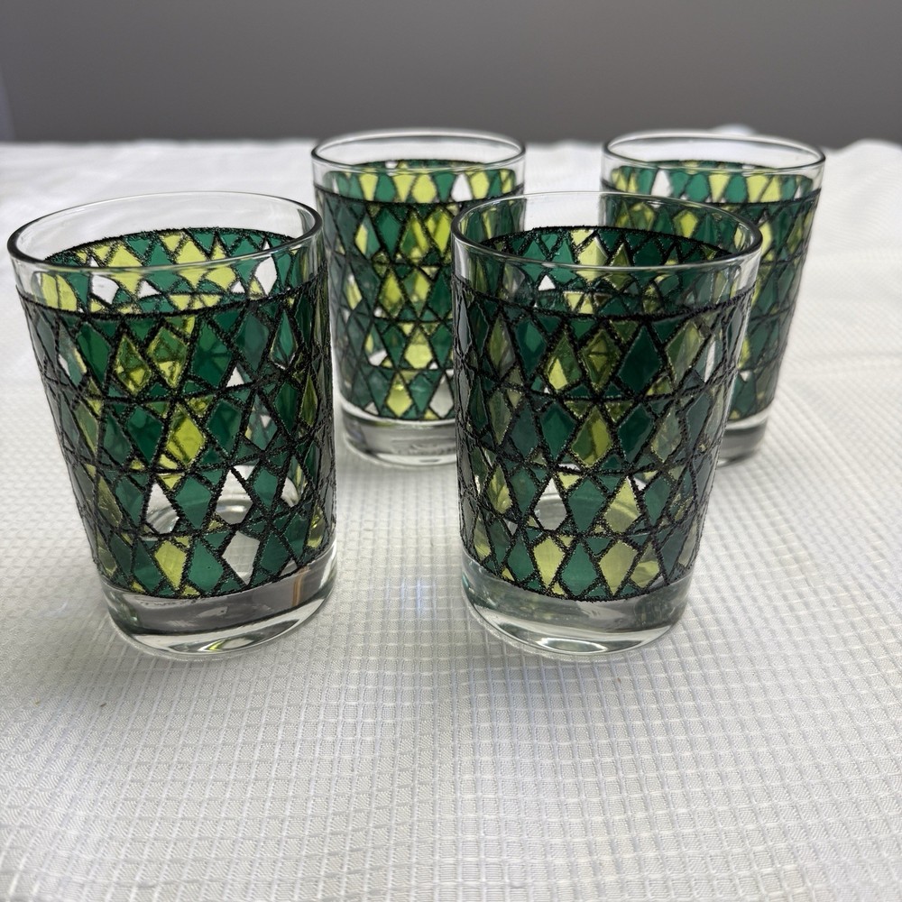 Vintage 60s Culver Rocks Mosaic Stained Glass Green Set 4 MCM Barware Cocktail