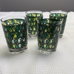 Vintage 60s Culver Rocks Mosaic Stained Glass Green Set 4 MCM Barware Cocktail