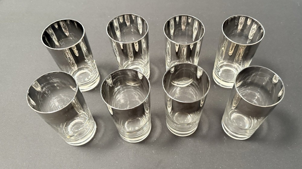 1960’s Barware MCM Silver Fade ~6” High Ball Glasses Set 8 Cocktail Tumblers