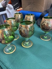 Set Of 6 Bohemian Green glass goblet w/ gold gilt & hand-painted Girl & Guy stem