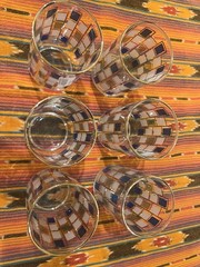 Vintage Libbey Drinking Glasses. Blue, Green and White Tile / Gold Trim. 4 5/8”