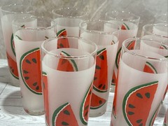 Libbey Watermelon Retro High Ball Glasses/Tumblers~12oz (11) w/Box Frosted Glass
