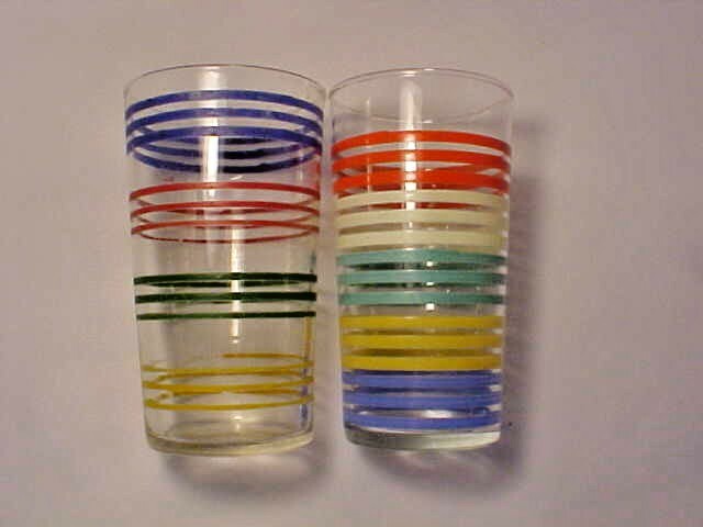Retro Tumblers Lot of 2 Mid Century Modern Striped Multi-Color Holds 1 Cup Used