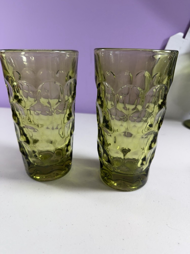 Set of 2 Vintage Imperial Glass Provincial Green Thumbprint Juice Tumblers 6In.